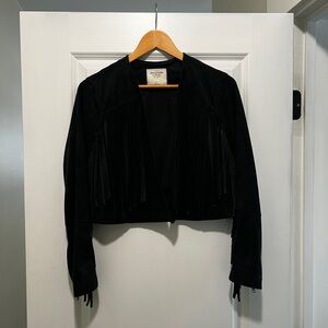 Black Suede Fringe Jacket- Cropped